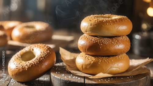 Delicious sesame seed bagels stacked on wooden board with steaming hot freshly baked