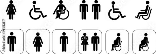 restroom accessibility icons set, toilet signs for men women and wheelchair users, public bathroom symbol vector illustration collection