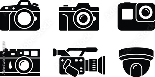 Six camera icons in minimalist outline design, representing various camera types and equipment.