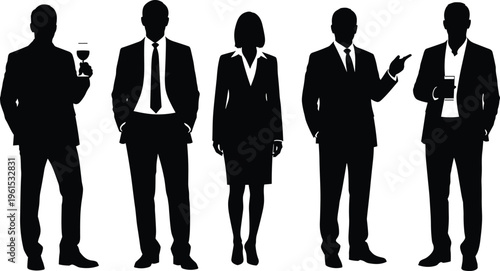Black silhouettes of business professionals in formal attire, posed with gestures symbolizing communication, teamwork, leadership, social interaction, and corporate success
