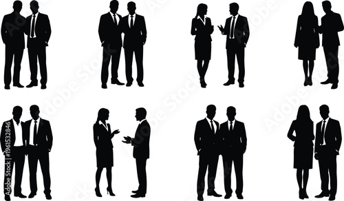 Black silhouettes of business professionals in pairs, engaged in conversation and gestures symbolizing teamwork, communication, networking, and corporate success