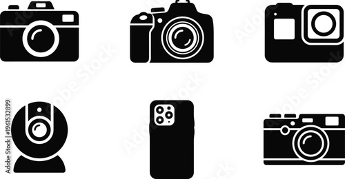 Six camera devices in silhouettes arranged in two rows on a black background.