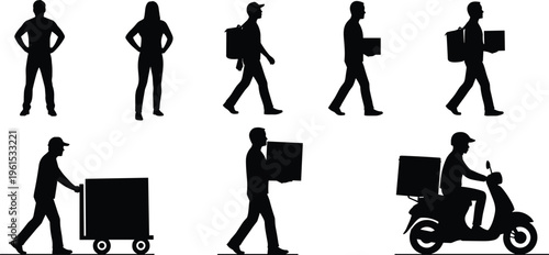 Black silhouettes of diverse delivery workers in uniforms performing logistics tasks including walking, carrying packages, pushing carts, and riding scooters