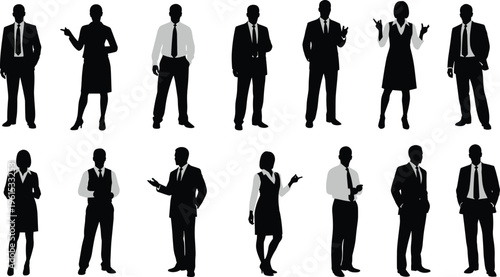 Black silhouettes of male and female business professionals in formal attire, posed with confident stances symbolizing teamwork, communication, diversity, and corporate success