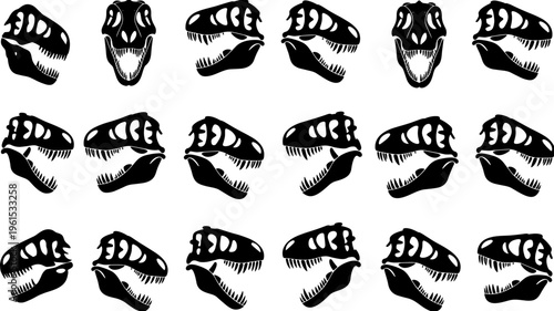 Set of dinosaur skull silhouettes, T rex fossil heads collection, prehistoric skeleton icons, flat vector illustration isolated on white background