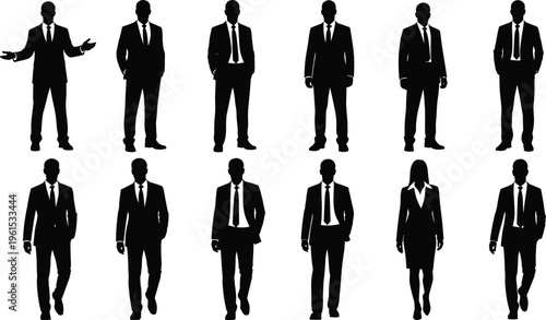 Black silhouettes of male and female business professionals in formal attire, posed with varied stances symbolizing teamwork, leadership, diversity, and corporate success