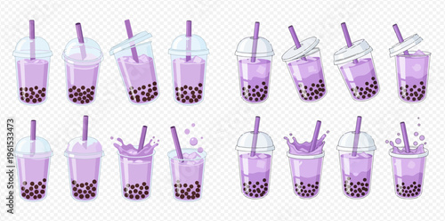 Set of bubble tea cups with purple liquid and black tapioca pearls, various angles and splashes.