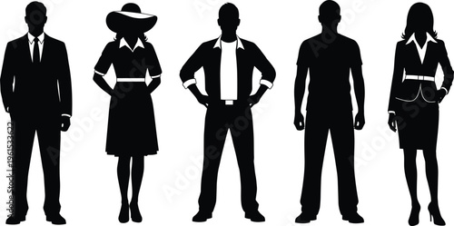 Business and casual people silhouettes set, men and women in formal and informal outfits isolated on white background, lifestyle diversity concept