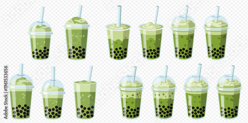 Set of green matcha boba tea drinks with tapioca pearls in plastic cups with straws.
