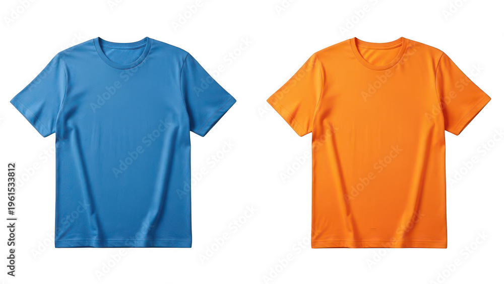 Naklejka premium Two solid color t-shirts in blue and orange isolated on transparent background