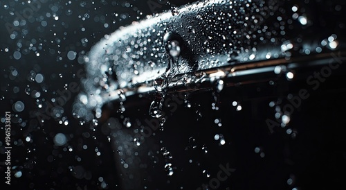 Dark, moody close-up of water droplets splashing and cascading down a dark, textured surface
