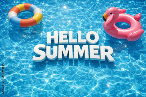 Clean “Hello Summer” text floating on sparkling blue pool water with colorful inflatables. Fresh, bright, and perfect for seasonal banners, ads, and travel or vacation themed designs.
