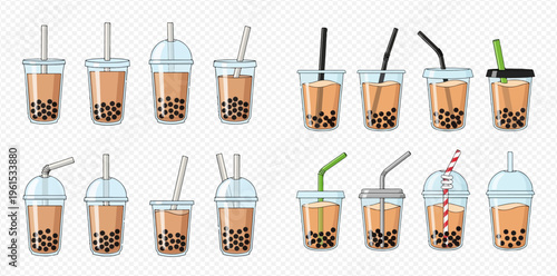 Set of bubble tea cups with tapioca pearls and straws, various designs.