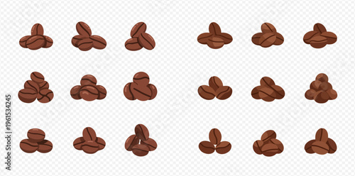 Set of roasted coffee beans in various arrangements on a transparent background.