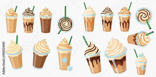 Set of various delicious iced coffee and chocolate frappe drinks with whipped cream and straws.