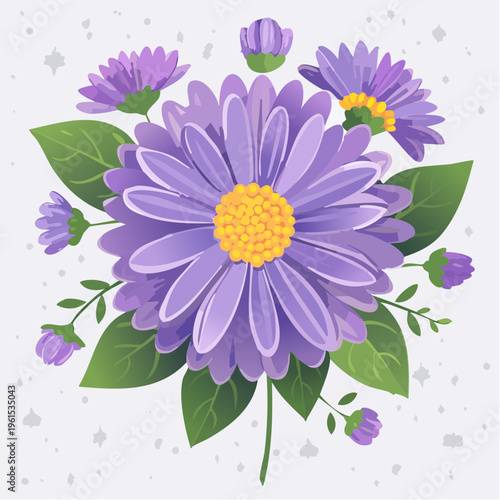 Purple aster flowers with green leaves