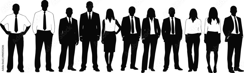 Fototapeta premium Business people silhouette group standing in a row, corporate team professionals isolated on white background, office workforce leadership concept