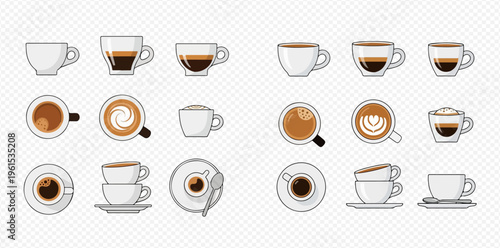 Set of coffee cups with different types of coffee drinks and empty mugs, top and side view illustrations.