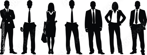 Business people silhouette collection standing in various poses, corporate professionals isolated on white background, office workforce diversity and leadership concept