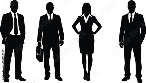Business people silhouette group standing in formal poses, corporate professionals isolated on white background, office workforce diversity and leadership concept