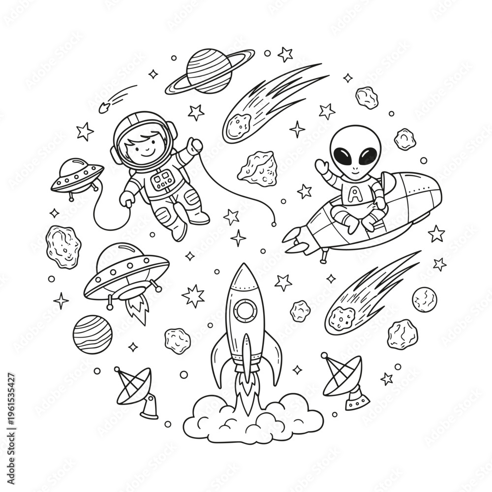 Obraz premium Cute Space Doodle with Astronaut Alien Rocket Planets and Galaxy Illustration