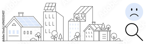 Renewable energy focus. Renewable energy d through solar panels on buildings and eco-friendly design. Renewable energy exploration for sustainability, urban planning, education, research