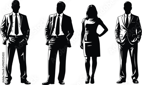 Business people silhouette set standing in stylish poses, corporate professionals isolated on white background, office workforce diversity and leadership concept