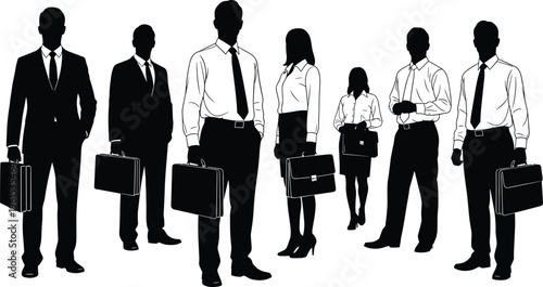 Business people silhouettes collection, corporate professionals standing with briefcases, office workers team isolated on white background, leadership and teamwork concept