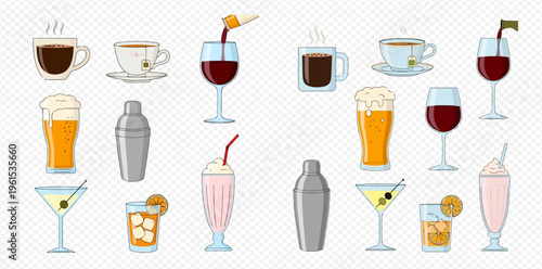 Collection of various beverages including coffee, tea, wine, beer, cocktails, and milkshakes.