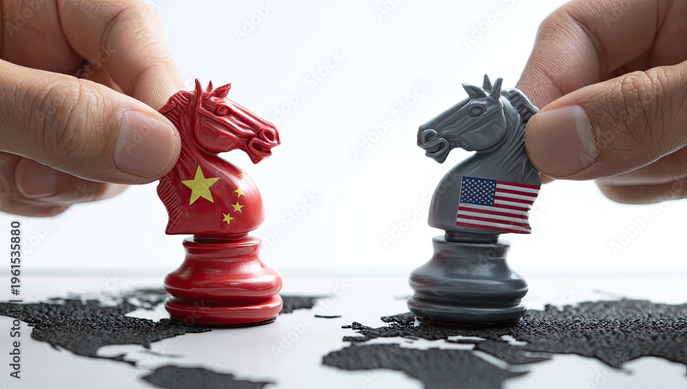 Fototapeta premium Two hands positioning chess knights representing China & US. White background, world map base