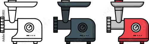 Electric meat grinder vector icon set featuring minimalist appliance for kitchen food processing butcher shop and domestic cooking design.