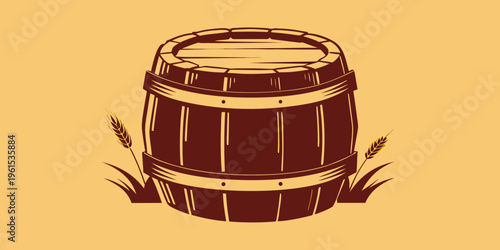 A vintage illustration of a wooden barrel with wheat stalks nearby