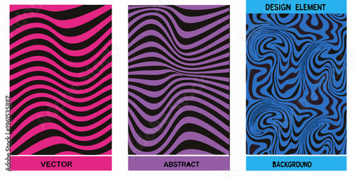 Three vertically arranged abstract patterns in vibrant pink purple and blue