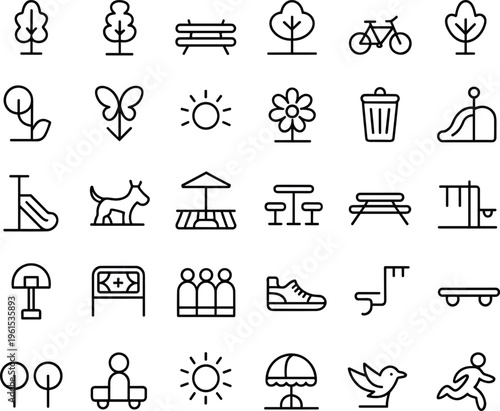 Black  line of park and outdoor recreational and activities line black and white