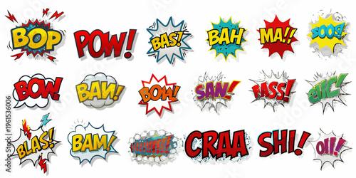 Colorful comic book explosion words and sound effects collection