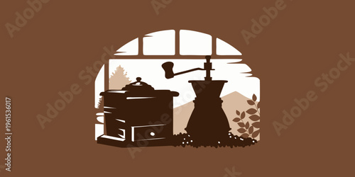 Vintage coffee grinder silhouette against a window with a winter landscape