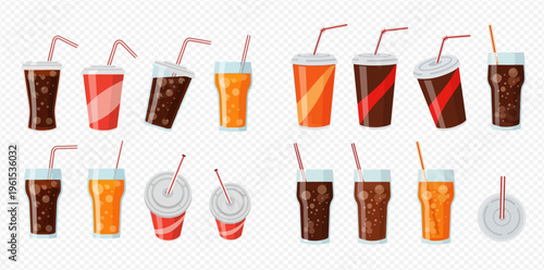 Set of refreshing soda and juice drinks in various disposable cups with straws, vector illustration on transparent background.