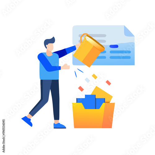 Digital data deletion concept: Person removing unnecessary information and decluttering abstract geometric shapes.