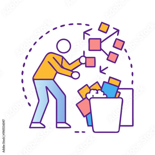 Digital data deletion concept: Person removing unnecessary information and decluttering abstract geometric shapes.