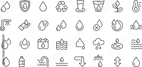 Black  line of various water droplets and related symbols line black and white