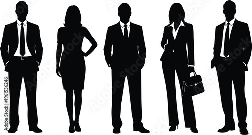 Business professionals silhouettes set featuring confident men and women in formal attire representing corporate leadership workplace diversity modern office people