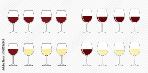Set of wine glasses with red and white wine, vector illustration on transparent background.