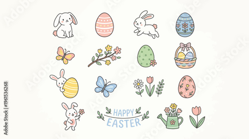 Foto A collection of cute hand-drawn Easter-themed illustrations featuring bunnies, decorated eggs, butterflies, flowers, and a 'Happy Easter' banner in pastel colors