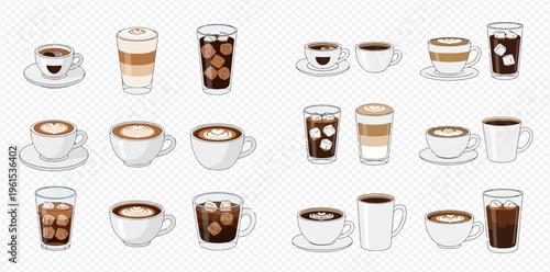 Set of various coffee drinks, including espresso, latte, cappuccino, and iced coffee in different cups and glasses.