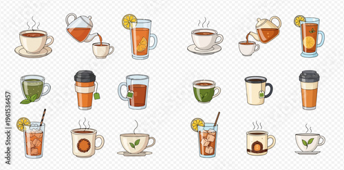 Collection of various tea illustrations, including hot tea in cups, iced tea, and teapots, showcasing different styles and preparations.