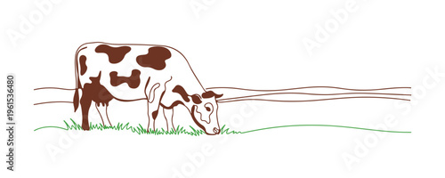 One-line art style cow with big patches grazing quietly in a spacious grassy landscape.