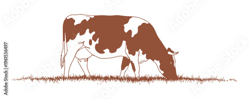 Single stroke drawing of a large-spotted cow grazing serenely in a vast grassy area.