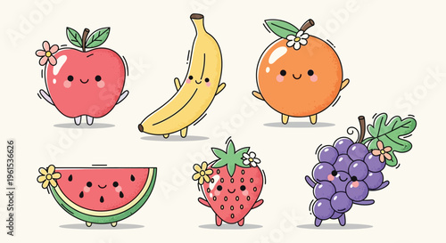 A charming collection of kawaii-style fruits, including an apple, banana, orange, watermelon slice, strawberry, and grapes, each with adorable faces and tiny limbs, set against a plain background.