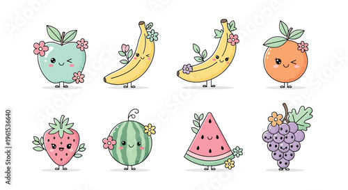 Cute cartoon fruits with smiling faces and flowers, including apple, bananas, orange, strawberry, watermelon, and grapes, in a kawaii style.