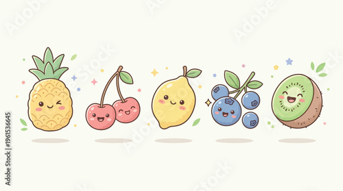 A delightful collection of cute, kawaii-style fruits including a pineapple, cherries, lemon, blueberries, and kiwi, all with smiling faces and sparkling accents.